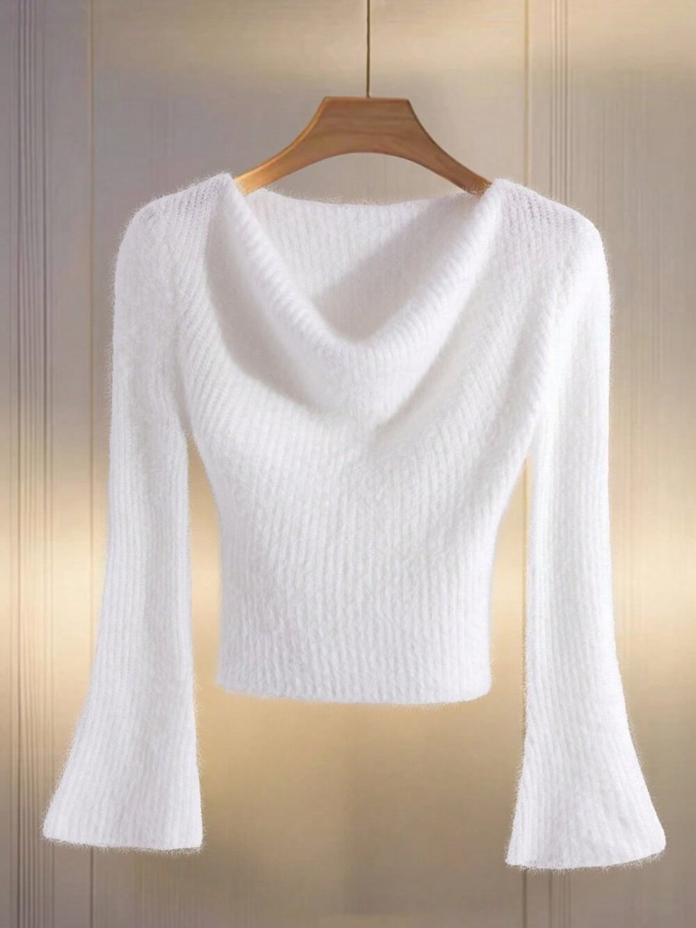 White Casual Women's Cowl Neck Rib-Knit Flare Sleeve Slim Top